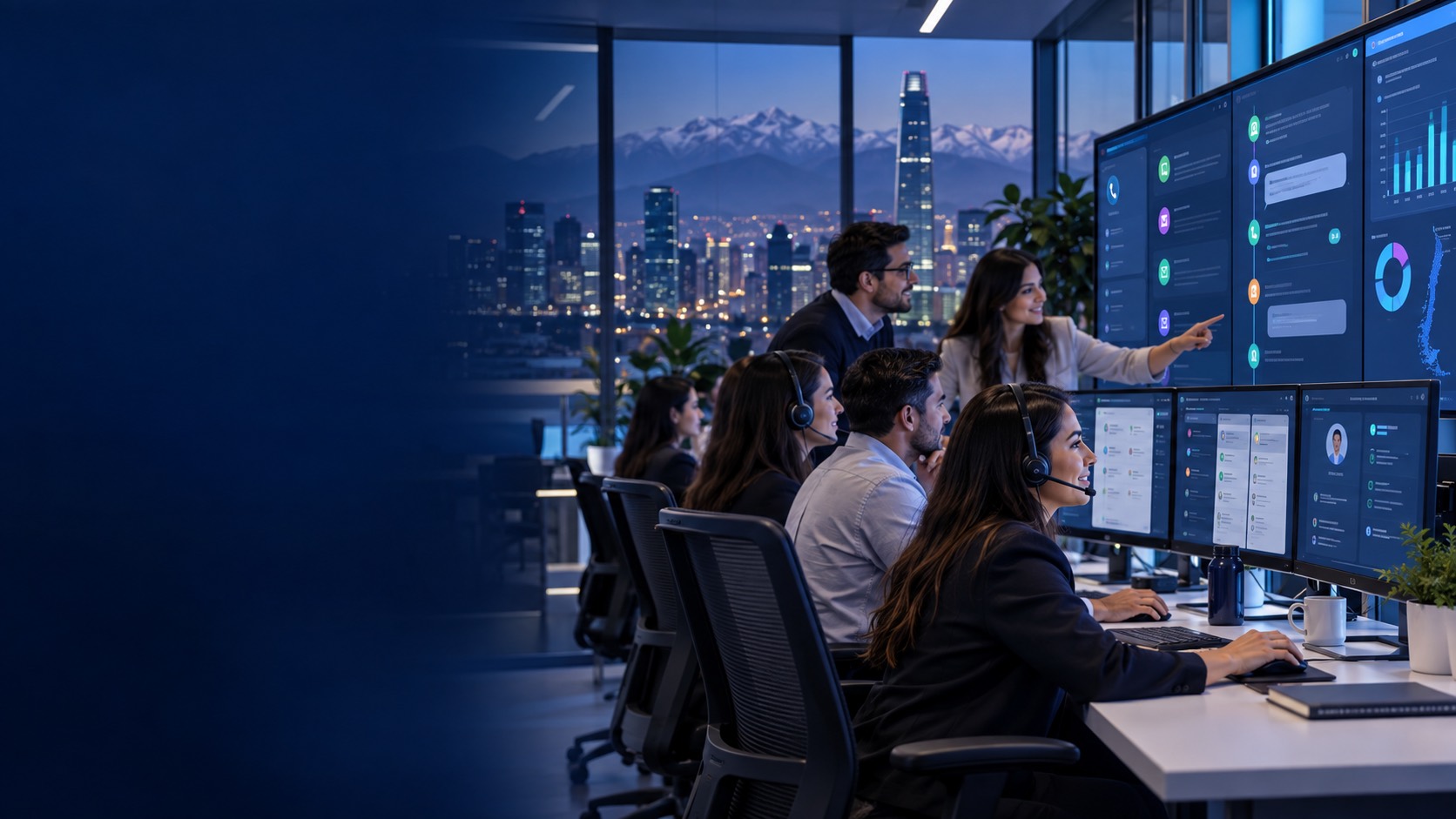 Equipo de atención empresarial gestionando canales digitales en una operación unificada